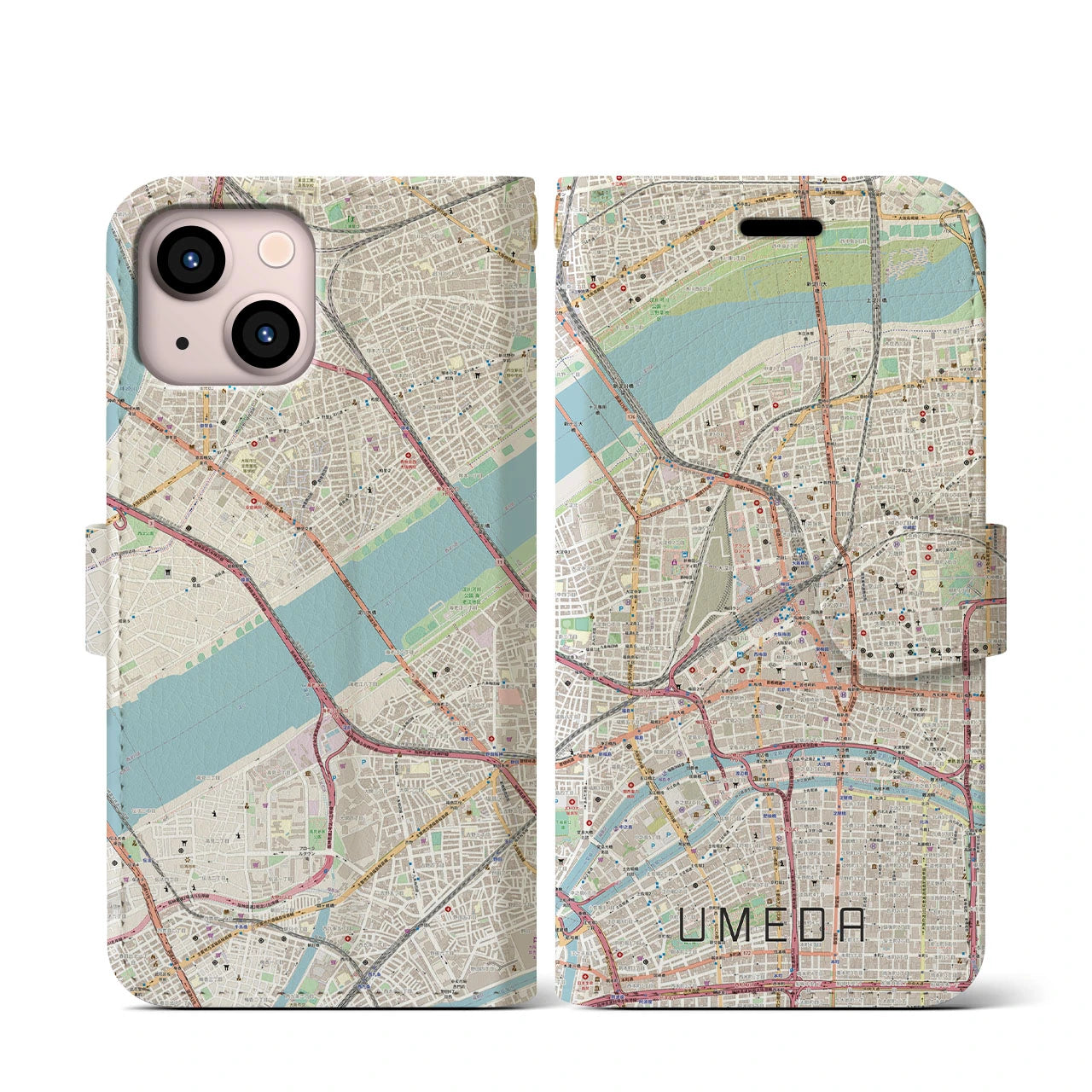 【梅田】地図柄iPhoneケース（手帳両面タイプ・ナチュラル）iPhone 13 mini 用