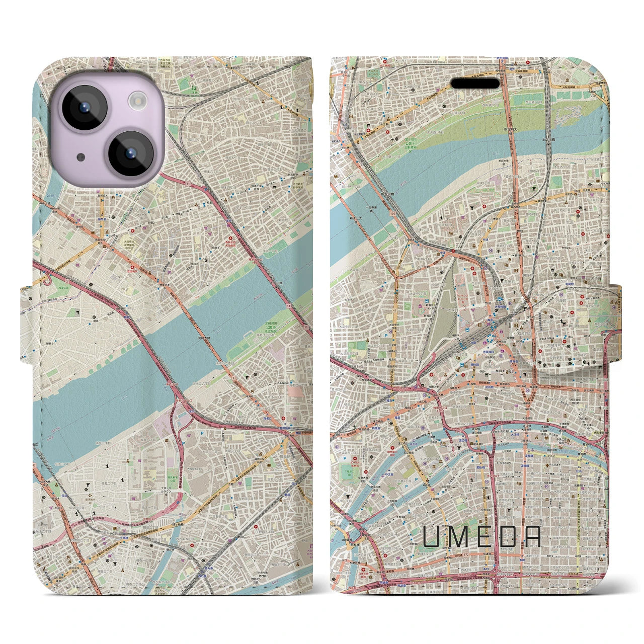【梅田】地図柄iPhoneケース（手帳両面タイプ・ナチュラル）iPhone 14 用