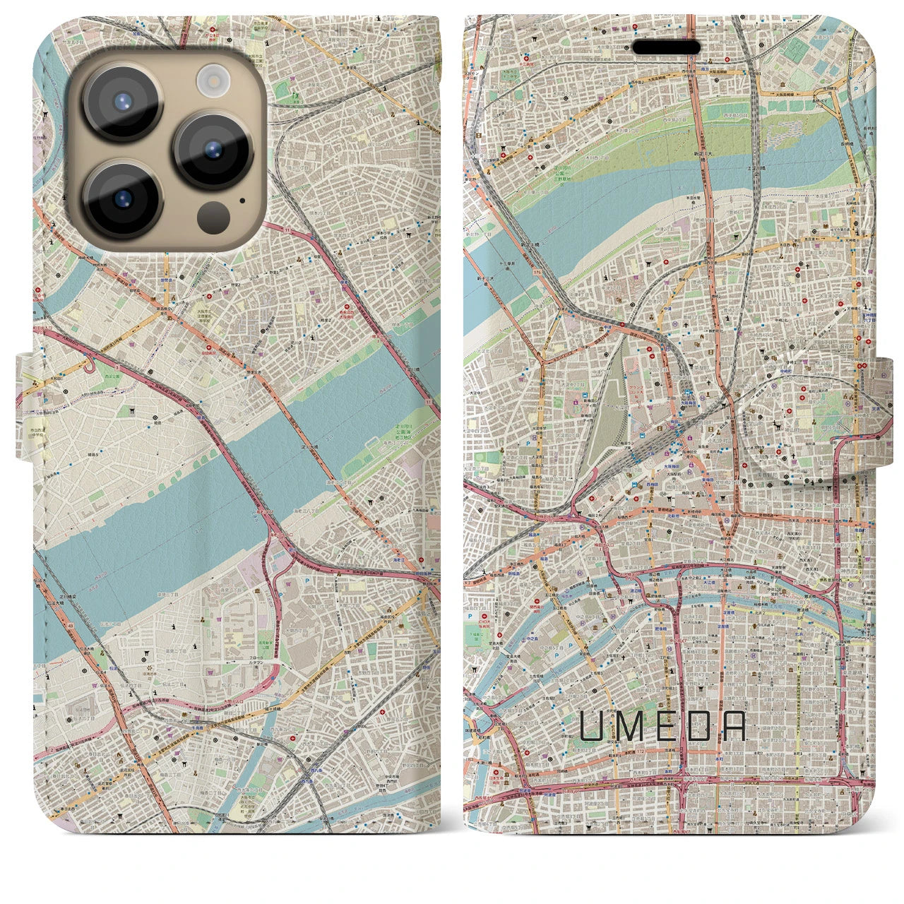【梅田】地図柄iPhoneケース（手帳両面タイプ・ナチュラル）iPhone 14 Pro Max 用