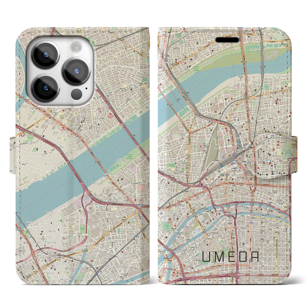 【梅田】地図柄iPhoneケース（手帳両面タイプ・ナチュラル）iPhone 14 Pro 用