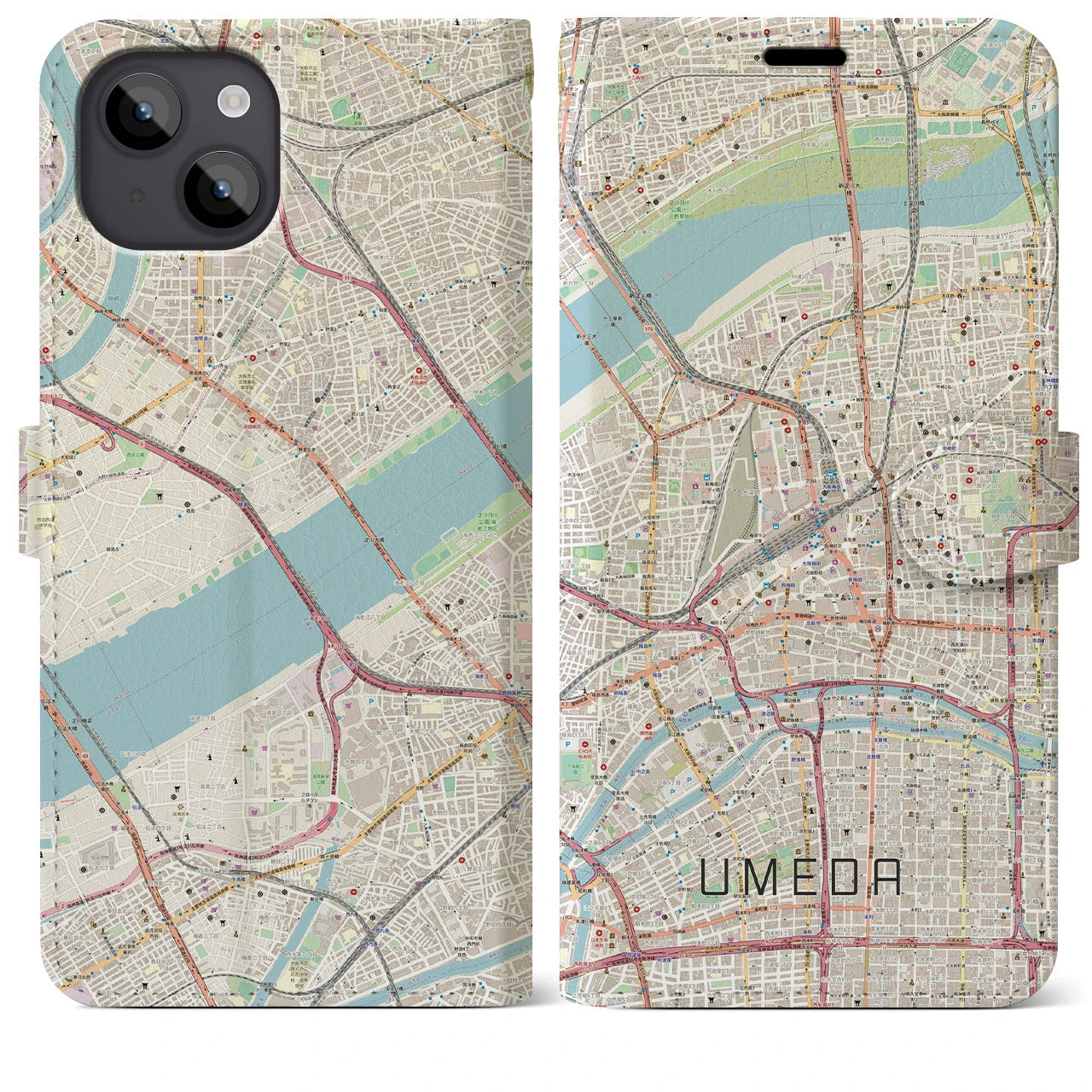【梅田】地図柄iPhoneケース（手帳両面タイプ・ナチュラル）iPhone 14 Plus 用