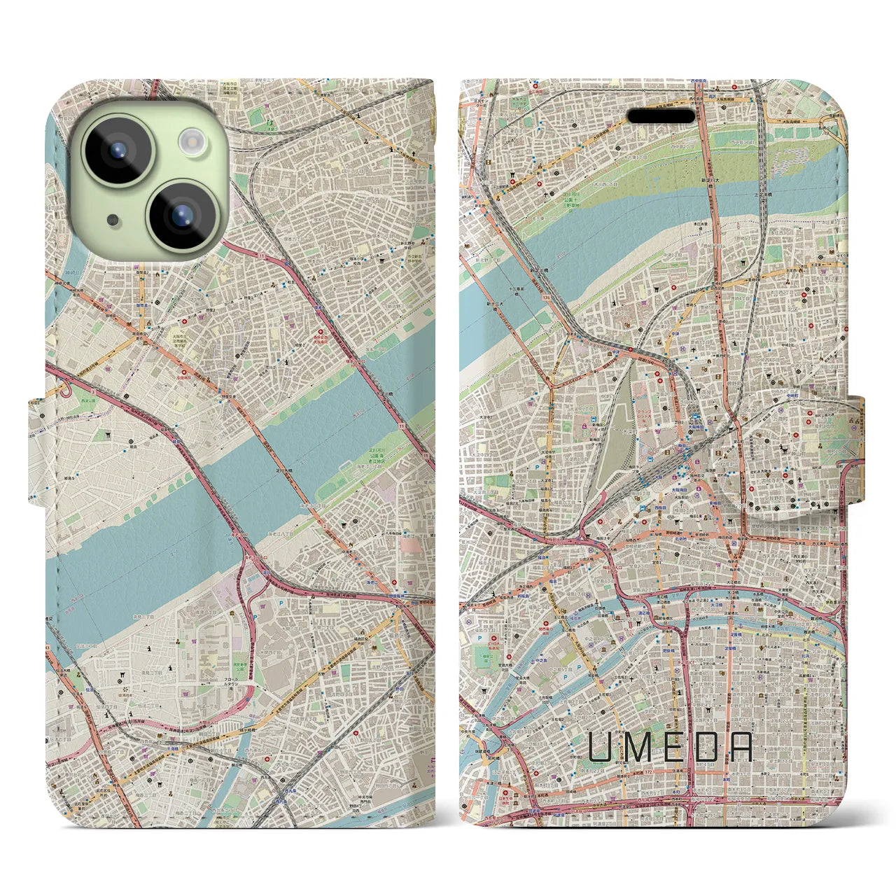 【梅田】地図柄iPhoneケース（手帳両面タイプ・ナチュラル）iPhone 15 用