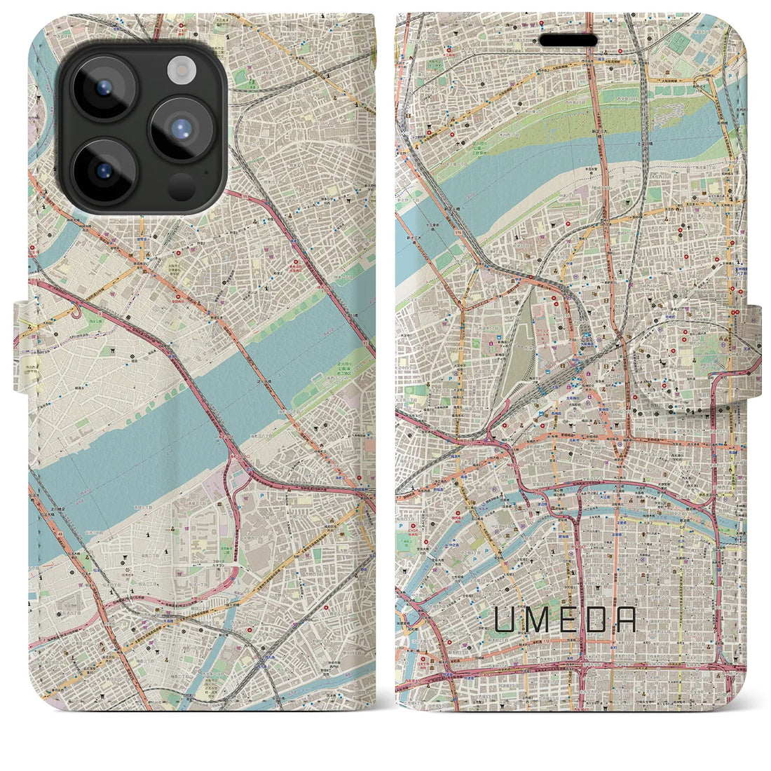 【梅田】地図柄iPhoneケース（手帳両面タイプ・ナチュラル）iPhone 15 Pro Max 用