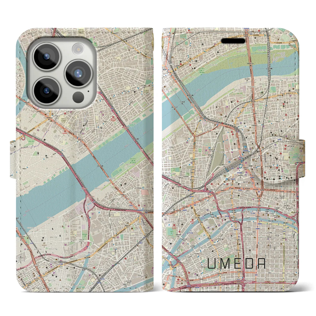【梅田】地図柄iPhoneケース（手帳両面タイプ・ナチュラル）iPhone 15 Pro 用