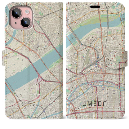 【梅田（大阪府）】地図柄iPhoneケース（手帳タイプ）ナチュラル・iPhone 15 Plus 用