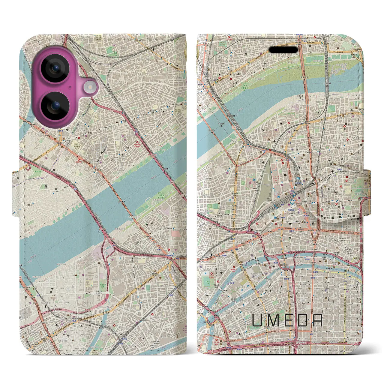 【梅田（大阪府）】地図柄iPhoneケース（手帳タイプ）ナチュラル・iPhone 16 Pro 用