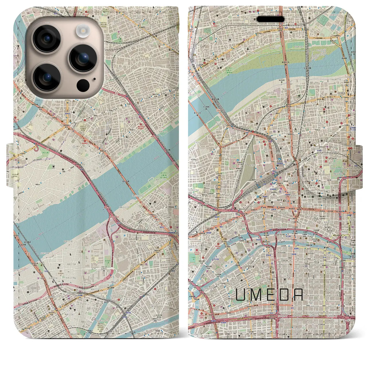 【梅田（大阪府）】地図柄iPhoneケース（手帳タイプ）ナチュラル・iPhone 16 Plus 用