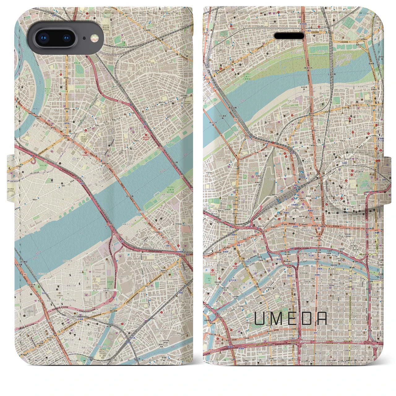 【梅田】地図柄iPhoneケース（手帳両面タイプ・ナチュラル）iPhone 8Plus /7Plus / 6sPlus / 6Plus 用