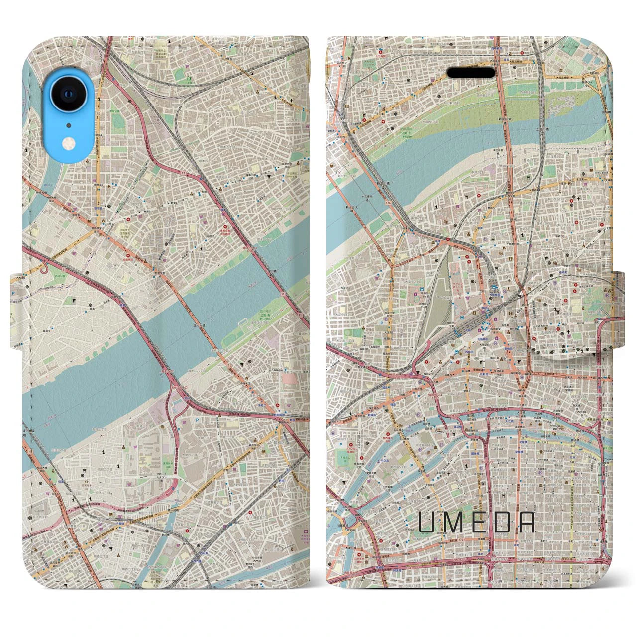 【梅田】地図柄iPhoneケース（手帳両面タイプ・ナチュラル）iPhone XR 用