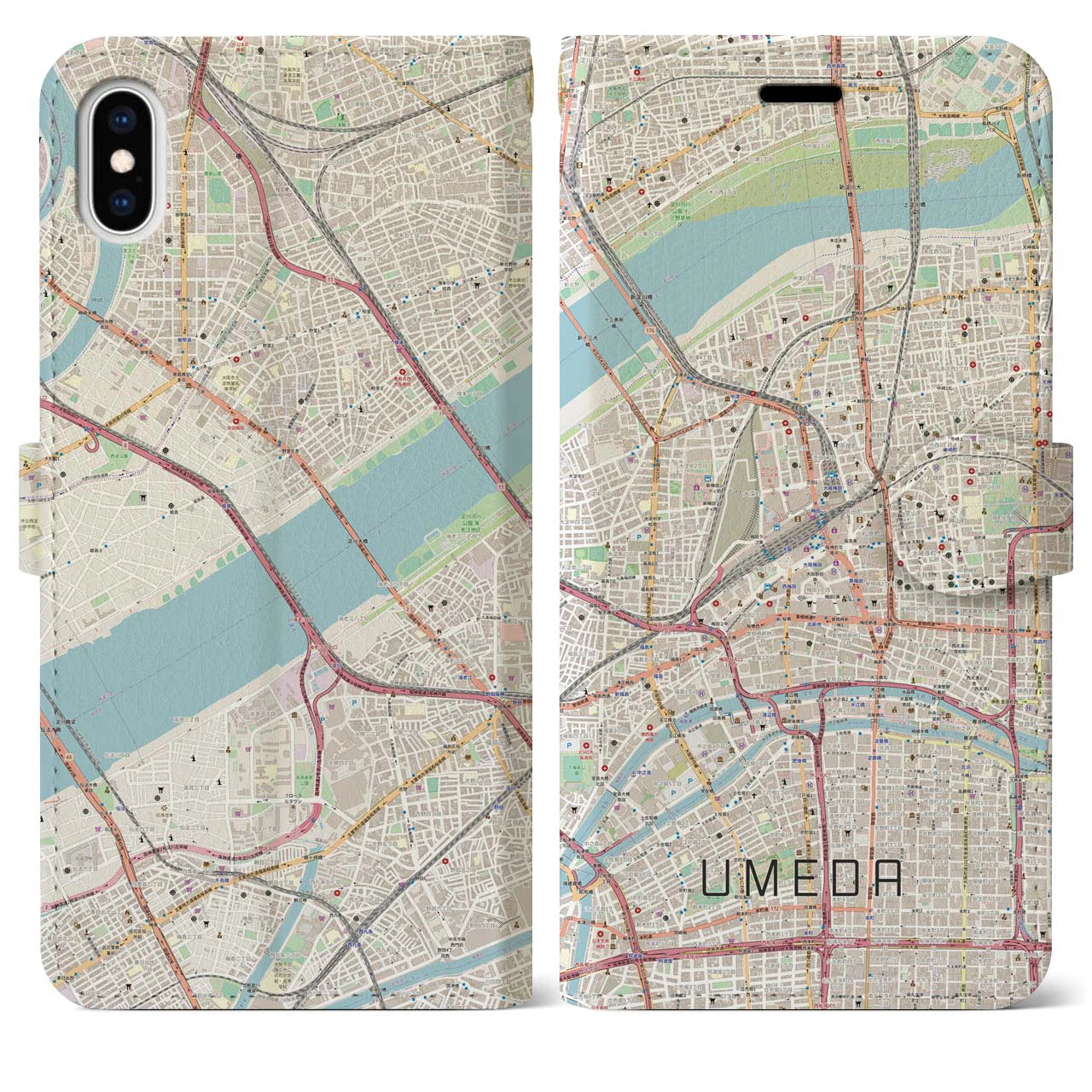 【梅田】地図柄iPhoneケース（手帳両面タイプ・ナチュラル）iPhone XS Max 用