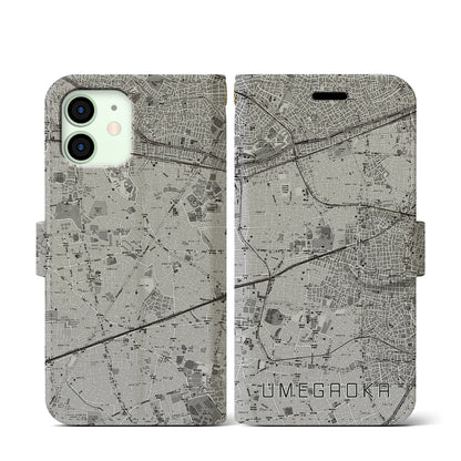 【梅ヶ丘（東京都）】地図柄iPhoneケース（手帳タイプ）モノトーン・iPhone 12 mini 用