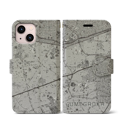 【梅ヶ丘（東京都）】地図柄iPhoneケース（手帳タイプ）モノトーン・iPhone 13 mini 用