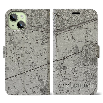 【梅ヶ丘（東京都）】地図柄iPhoneケース（手帳タイプ）モノトーン・iPhone 15 用