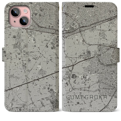 【梅ヶ丘（東京都）】地図柄iPhoneケース（手帳タイプ）モノトーン・iPhone 15 Plus 用