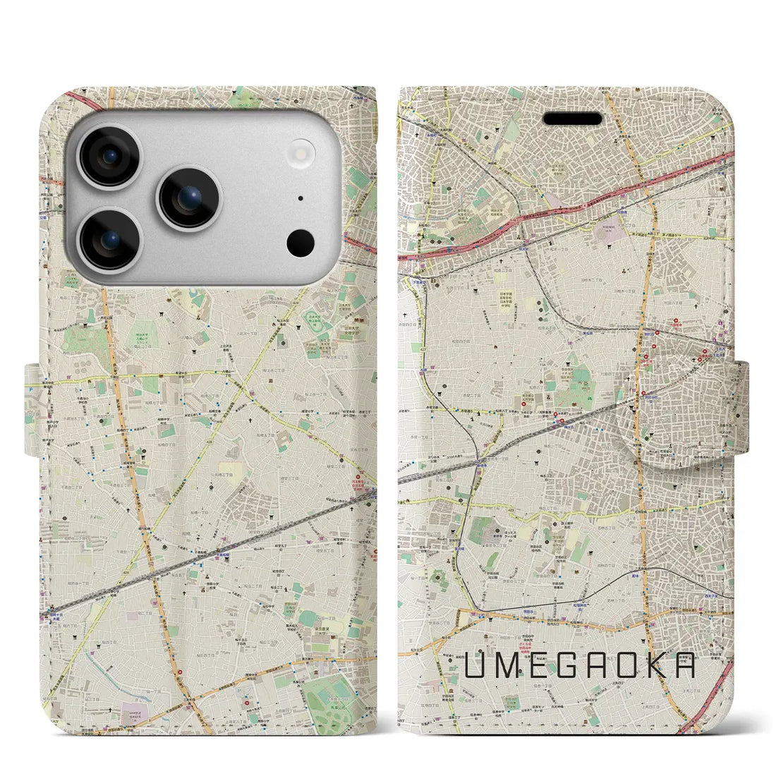 【梅ヶ丘（東京都）】地図柄iPhoneケース（手帳タイプ）モノトーン・iPhone 17 Pro Max 用