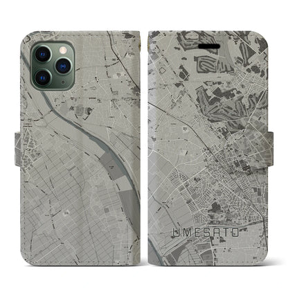 【梅郷（千葉県）】地図柄iPhoneケース（手帳タイプ）モノトーン・iPhone 11 Pro 用