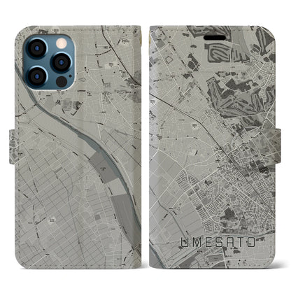 【梅郷（千葉県）】地図柄iPhoneケース（手帳タイプ）モノトーン・iPhone 12 / 12 Pro 用