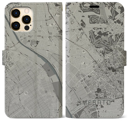 【梅郷（千葉県）】地図柄iPhoneケース（手帳タイプ）モノトーン・iPhone 12 Pro Max 用