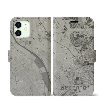 【梅郷（千葉県）】地図柄iPhoneケース（手帳タイプ）モノトーン・iPhone 12 mini 用