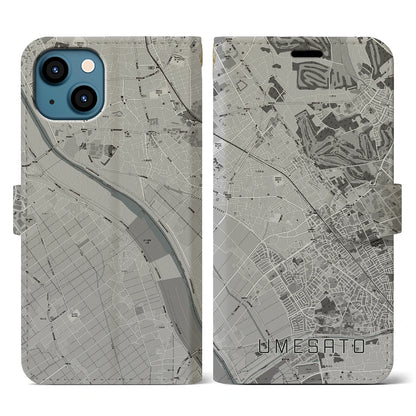 【梅郷（千葉県）】地図柄iPhoneケース（手帳タイプ）モノトーン・iPhone 13 用