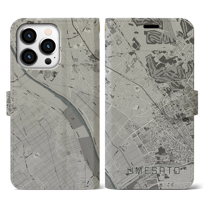 【梅郷（千葉県）】地図柄iPhoneケース（手帳タイプ）モノトーン・iPhone 13 Pro 用