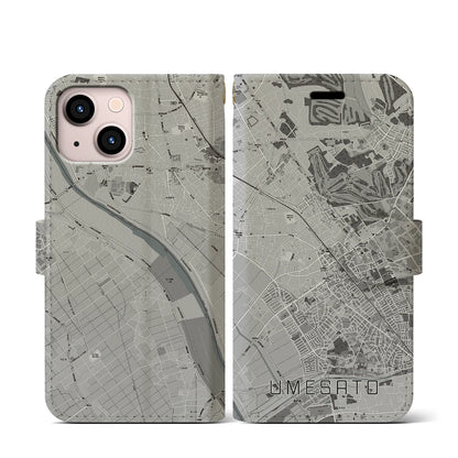 【梅郷（千葉県）】地図柄iPhoneケース（手帳タイプ）モノトーン・iPhone 13 mini 用