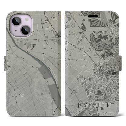 【梅郷（千葉県）】地図柄iPhoneケース（手帳タイプ）モノトーン・iPhone 14 用
