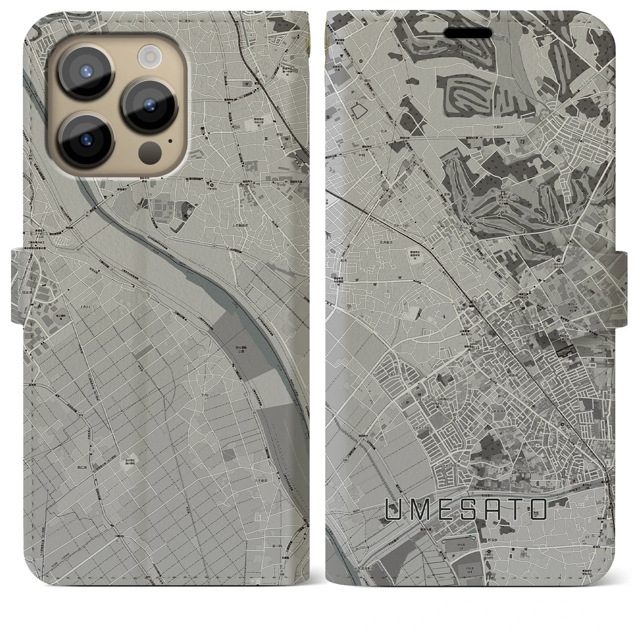 【梅郷】地図柄iPhoneケース（手帳両面タイプ・モノトーン）iPhone 14 Pro Max 用
