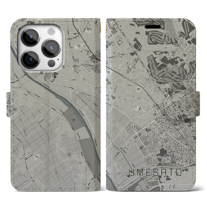 【梅郷（千葉県）】地図柄iPhoneケース（手帳タイプ）モノトーン・iPhone 14 Pro 用