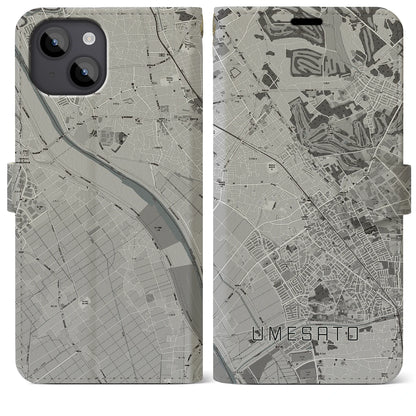 【梅郷（千葉県）】地図柄iPhoneケース（手帳タイプ）モノトーン・iPhone 14 Plus 用