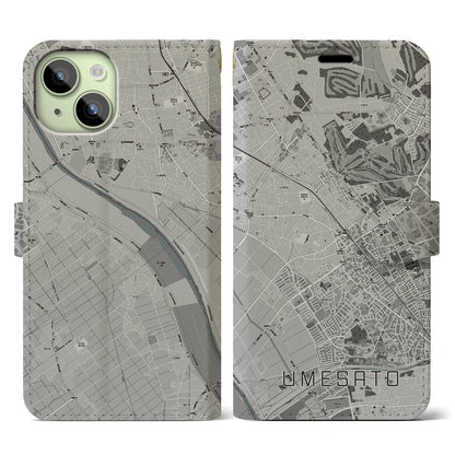 【梅郷（千葉県）】地図柄iPhoneケース（手帳タイプ）モノトーン・iPhone 15 用