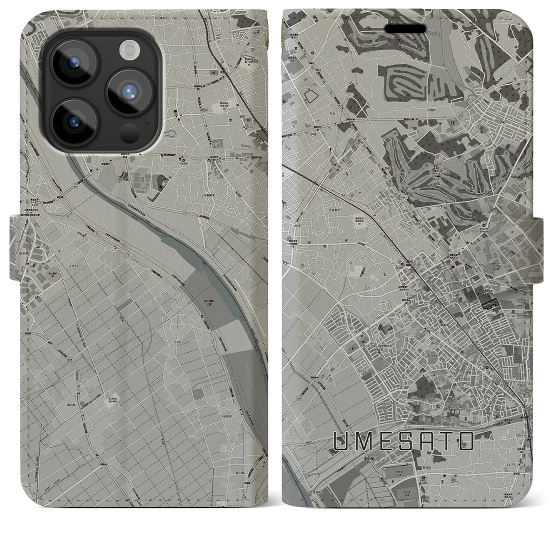 【梅郷】地図柄iPhoneケース（手帳両面タイプ・モノトーン）iPhone 15 Pro Max 用