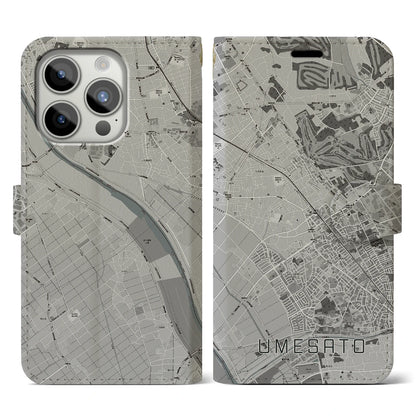 【梅郷（千葉県）】地図柄iPhoneケース（手帳タイプ）モノトーン・iPhone 15 Pro 用