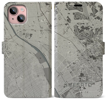 【梅郷（千葉県）】地図柄iPhoneケース（手帳タイプ）モノトーン・iPhone 15 Plus 用