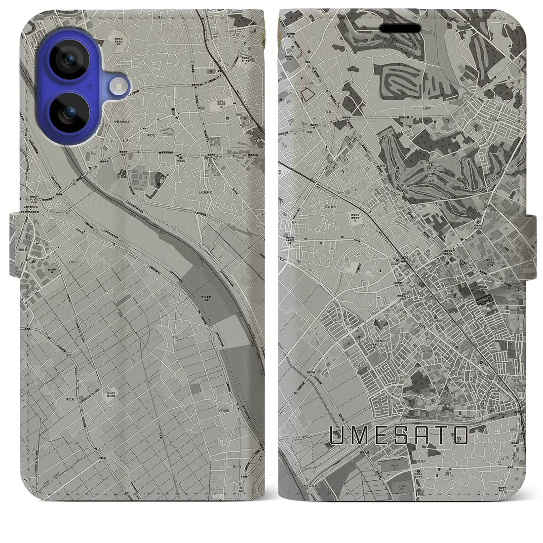 【梅郷(千葉県)】地図柄iPhoneケース(手帳タイプ)モノトーン・iPhone 16 Pro Max 用