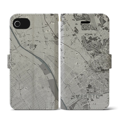 【梅郷（千葉県）】地図柄iPhoneケース（手帳タイプ）モノトーン・iPhone SE（第3 / 第2世代） / 8 / 7 / 6s / 6 用