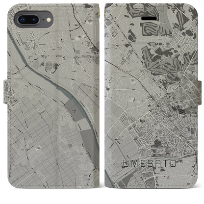 【梅郷（千葉県）】地図柄iPhoneケース（手帳タイプ）モノトーン・iPhone 8Plus /7Plus / 6sPlus / 6Plus 用