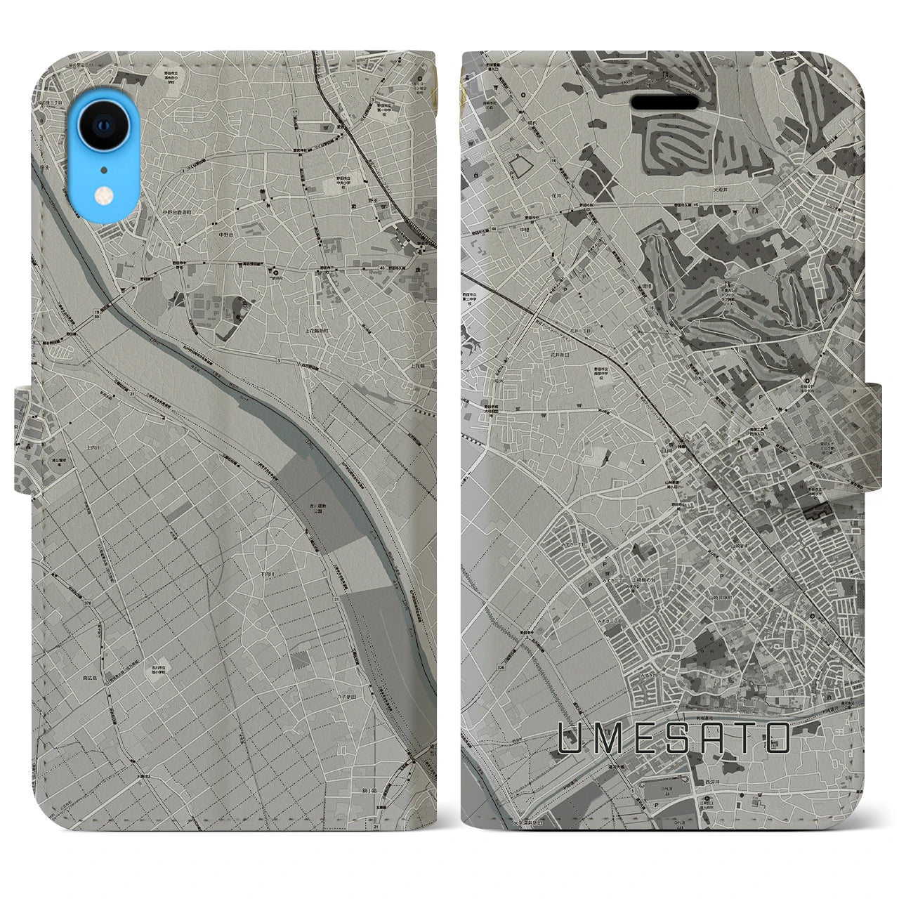 【梅郷】地図柄iPhoneケース（手帳両面タイプ・モノトーン）iPhone XR 用