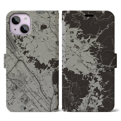 【宇美（福岡県）】地図柄iPhoneケース（手帳タイプ）モノトーン・iPhone 14 用