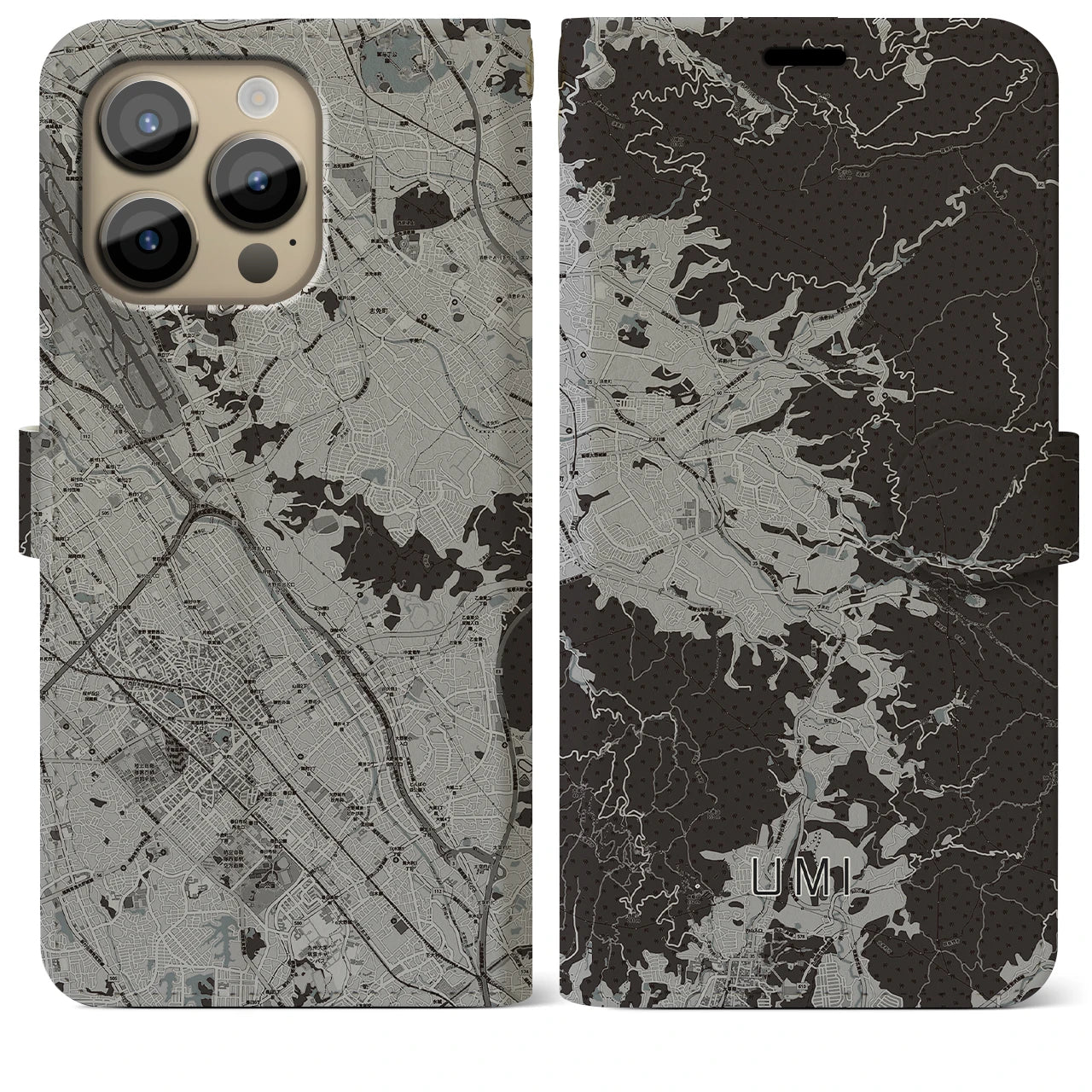 【宇美】地図柄iPhoneケース（手帳両面タイプ・モノトーン）iPhone 14 Pro Max 用