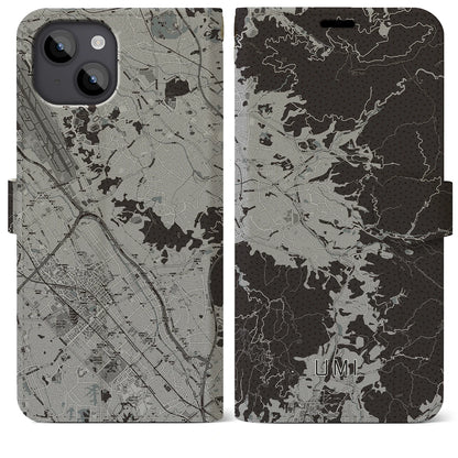 【宇美（福岡県）】地図柄iPhoneケース（手帳タイプ）モノトーン・iPhone 14 Plus 用