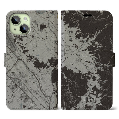 【宇美（福岡県）】地図柄iPhoneケース（手帳タイプ）モノトーン・iPhone 15 用