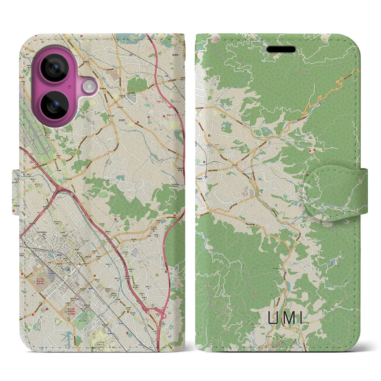 【宇美（福岡県）】地図柄iPhoneケース（手帳タイプ）ナチュラル・iPhone 16 Pro 用