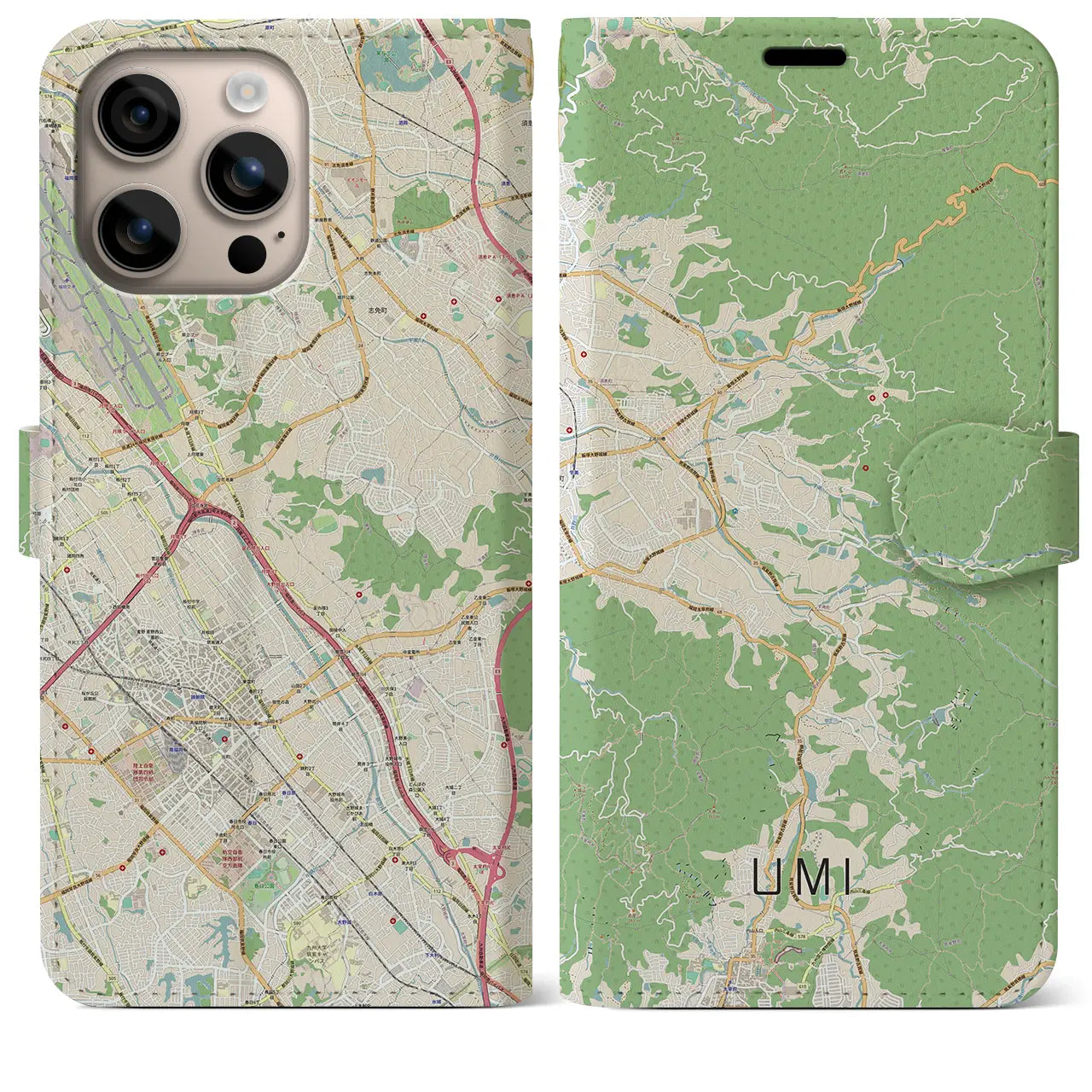 【宇美（福岡県）】地図柄iPhoneケース（手帳タイプ）ナチュラル・iPhone 16 Plus 用