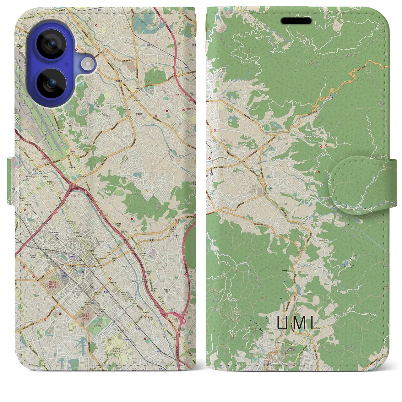 【宇美（福岡県）】地図柄iPhoneケース（手帳タイプ）ナチュラル・iPhone 16 Pro Max 用