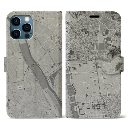 【運河（千葉県）】地図柄iPhoneケース（手帳タイプ）モノトーン・iPhone 12 / 12 Pro 用