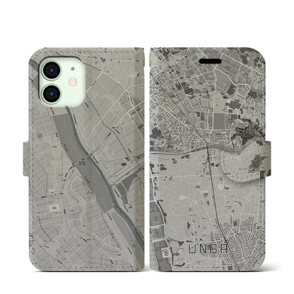 【運河（千葉県）】地図柄iPhoneケース（手帳タイプ）モノトーン・iPhone 12 mini 用