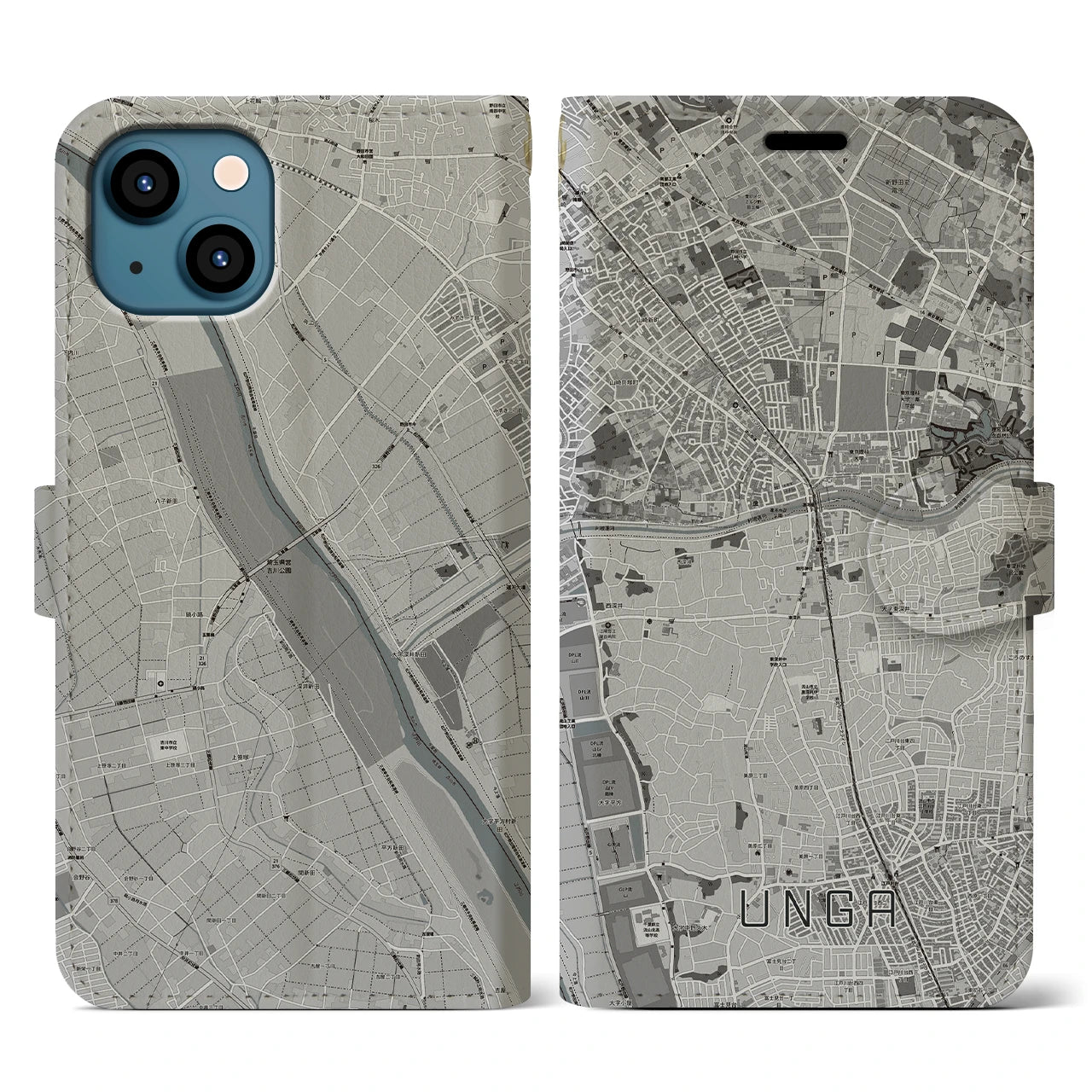【運河】地図柄iPhoneケース（手帳両面タイプ・モノトーン）iPhone 13 用