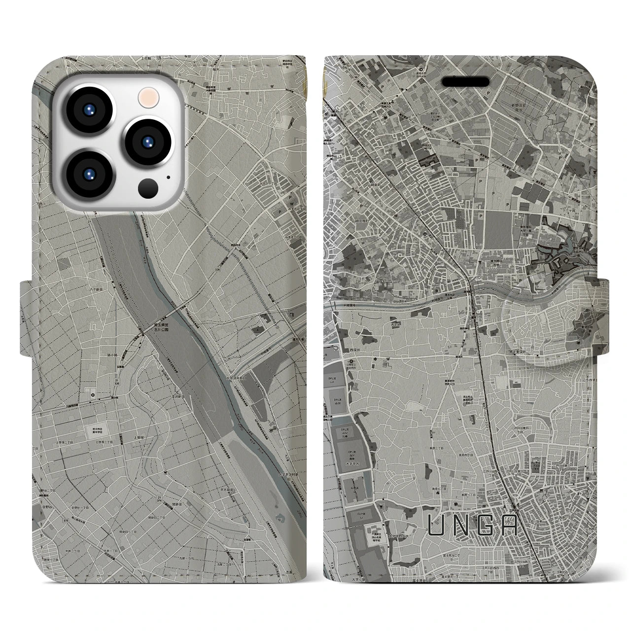 【運河】地図柄iPhoneケース（手帳両面タイプ・モノトーン）iPhone 13 Pro 用
