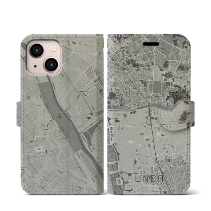 【運河（千葉県）】地図柄iPhoneケース（手帳タイプ）モノトーン・iPhone 13 mini 用